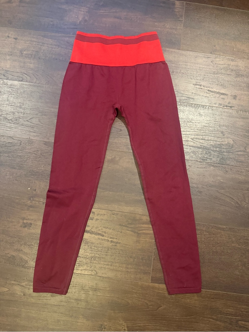 Fabletics Burgundy Leggings with Red-Orange Waistband